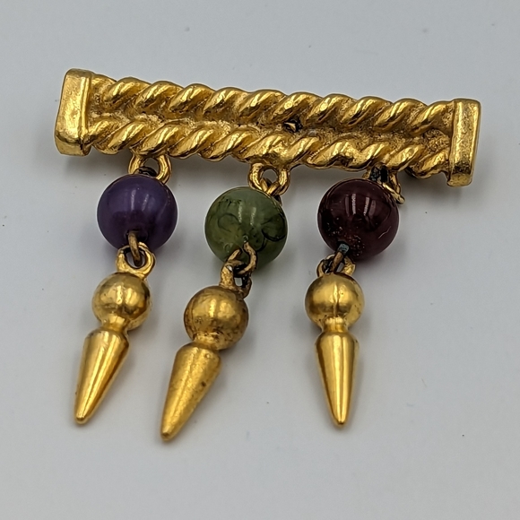 Vintage Gold Tone Unsigned Bar Brooch with Dangles Semiprecious Gemstones Beads - Picture 3 of 9